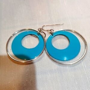 Silver‎ & Blue 70s Vintage Large Hoop Earrings
